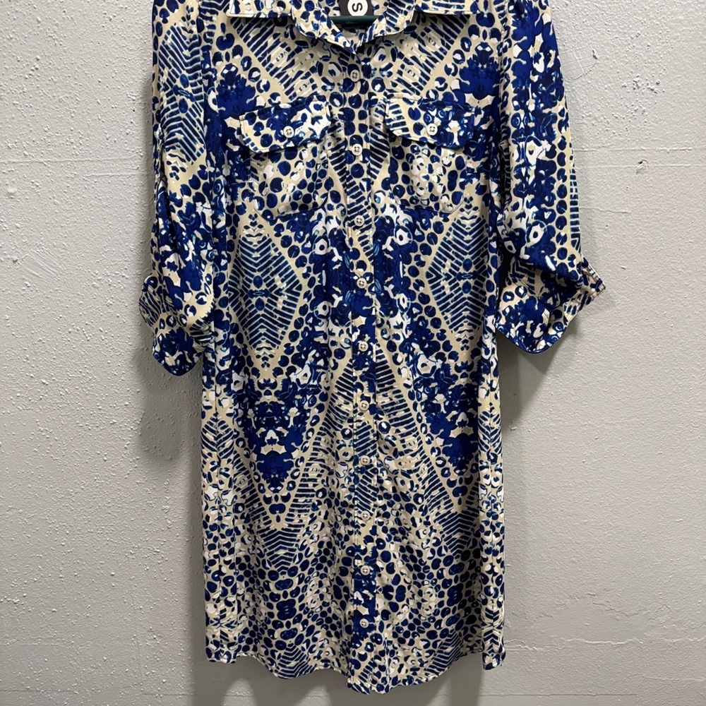 CAbi Blue and Cream Long Sleeve Dress